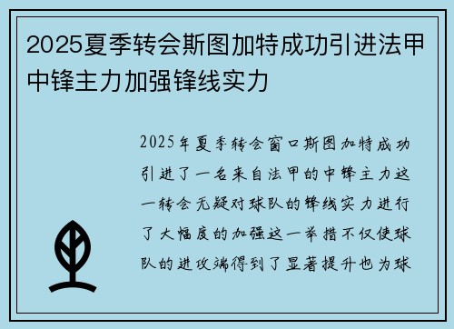 2025夏季转会斯图加特成功引进法甲中锋主力加强锋线实力