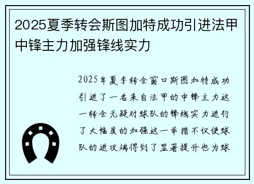 2025夏季转会斯图加特成功引进法甲中锋主力加强锋线实力
